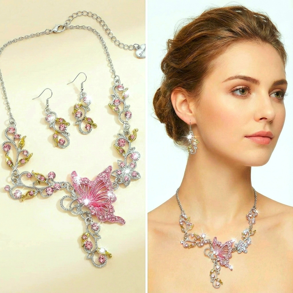 Silver plated pink and green crystal butterfly flower necklace earrings set